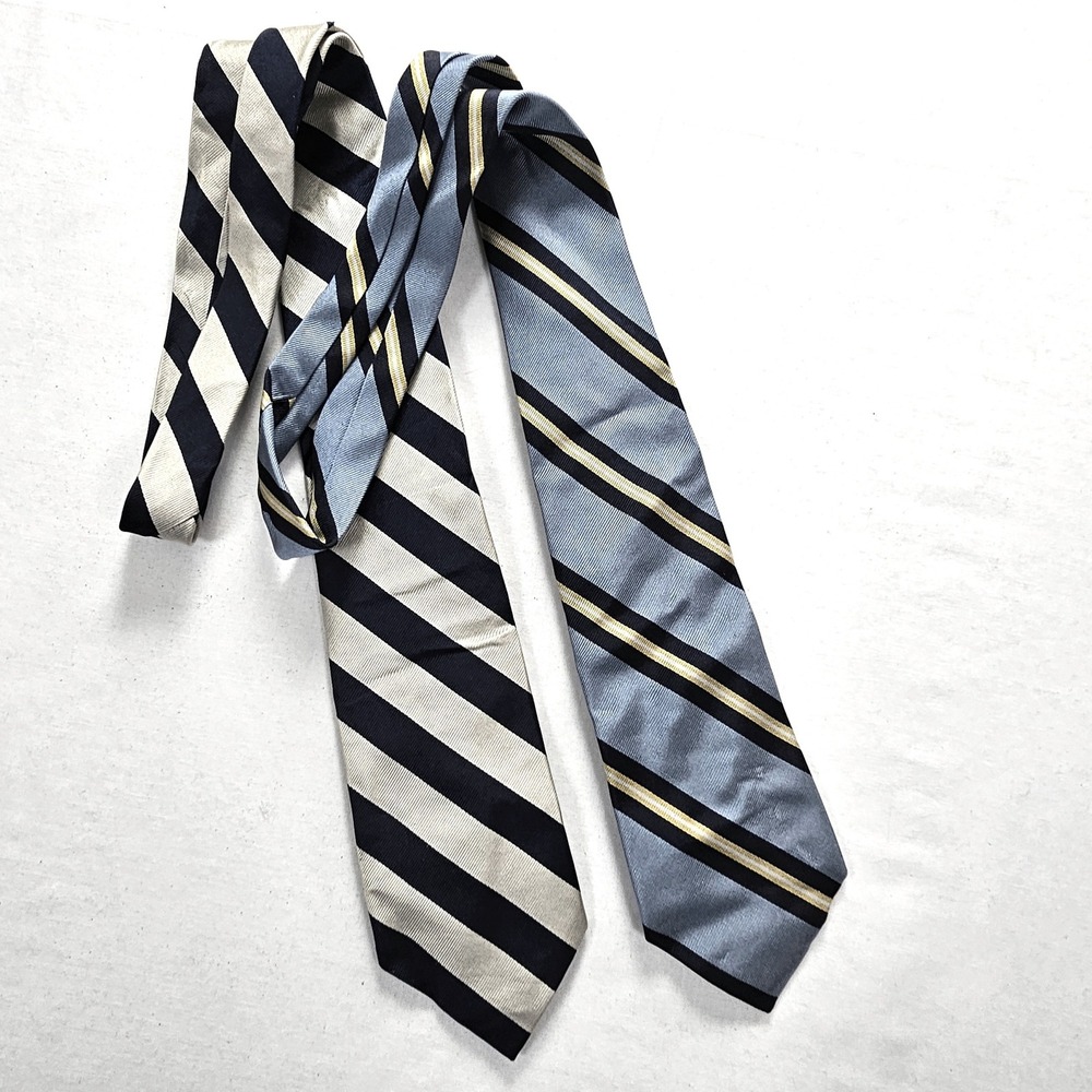 Lauren Ralph Lauren Men Striped Silk Tie Lot Navy Blue Cream Gold 2pc Set